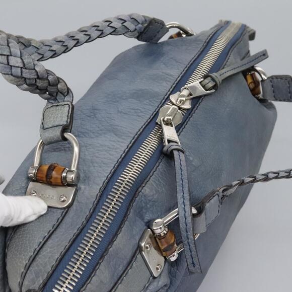 GUCCI Bamboo Tote Bag Leather Blue Silver - Picture 6 of 16